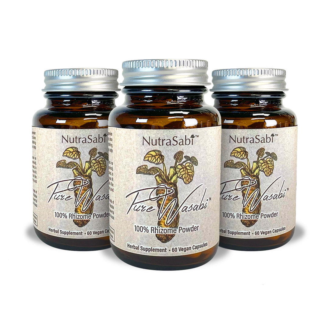 Three bottles of NutraSabi Pure Wasabi on a white background