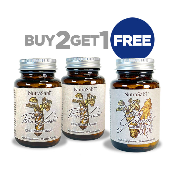 Two bottles of NutraSabi Pure Wasabi plus One of GinSabi with a 'Buy 2 Get 1 Free' offer on a white background.