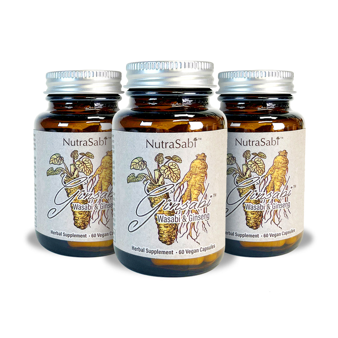 Three bottles of NutraSabi Wasabi & Ginseng herbal supplement on a white background