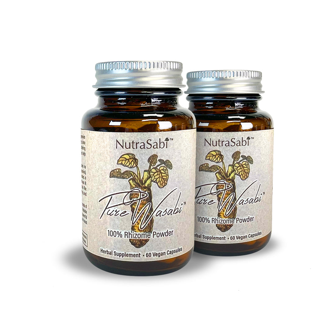 Two bottles of NutraSabf Pure Wasabi 100% Rhizome Powder on a white background