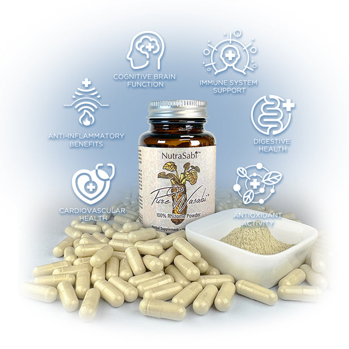 Nutrasabi PureSabi bottle with capsules and powder on a white background