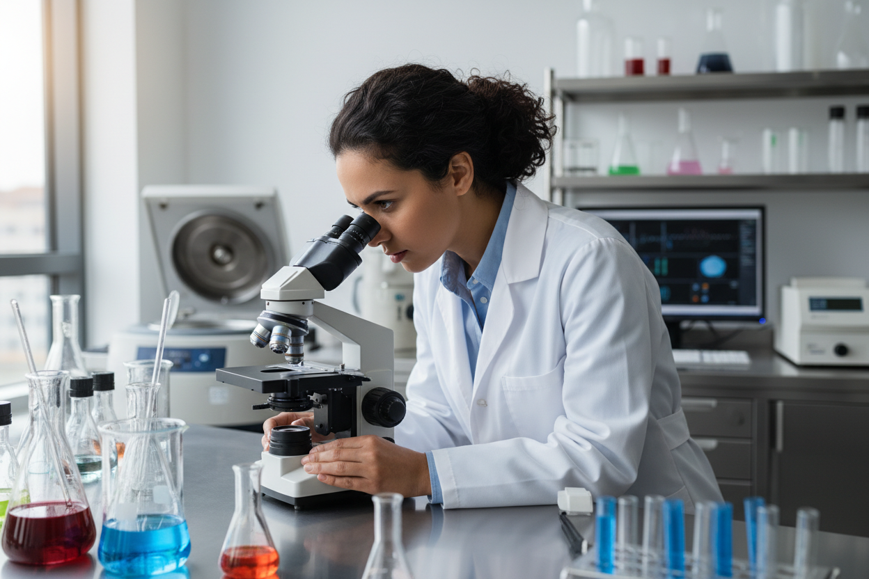 vertical format female scientist looking into microscope